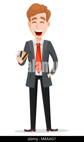 Business Mann mit blonden Haaren, cartoon Charakter. Gut aussehender Geschäftsmann in Anzug holding Kreditkarten. Vector Illustration auf weißem Hintergrund. Stock Vektor