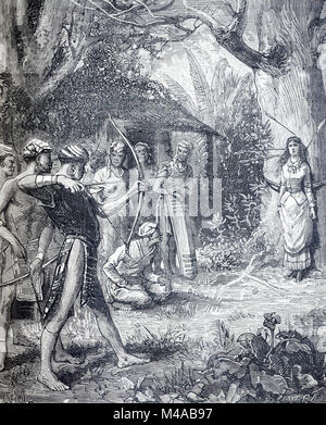 Tribal Gruppe Praxis eine gefährliche Form des Bogenschießens in Barrackpore oder Barrackpur, West Bengal, Indien (Gravur, 1880). Das Spiel ressembles die Geschichte von Wilhelm Tell oder Robin Hood schießen einen Apfel vom Kopf der Maid Marion. (Gravur, 1880) Stockfoto