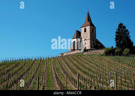 Die befestigte Kirche von St. Jacques in Hunawihr, Elsass, Frankreich Stockfoto
