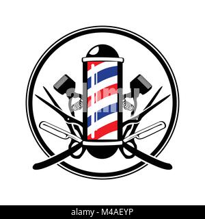 Rundschreiben des Emblem Friseur Pol mit Scheren, Rasiermesser und Alten Scherer Symbol Vektorgrafik Abzeichen Design Stock Vektor