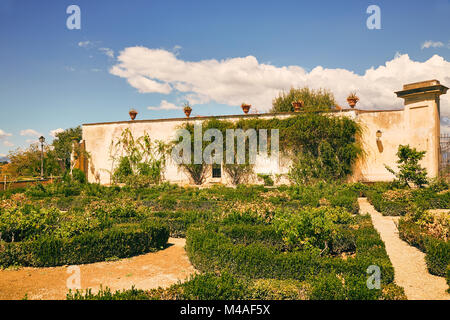 Blumenbeete und eine Wand mit Tusk in den Boboli-Gärten in Florenz Italien in einem Sommer sonnigen Tag überwuchert. Stockfoto