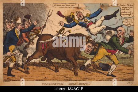 Manchester Stier - Jagd 1819. Cartoon zeigt ein Stier, mit dem Leiter der John Bull und warf ein Mitglied der Manchester Yeomanry und Angriff auf einen Magistrat. Hinter dem Stier ist eine Gruppe von reformern unter der Leitung von Henry Hunt hält ein Papier bezeichnet die Untersuchungsrichter Untersuchung." Stockfoto