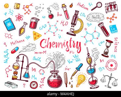 Chemie der Symbole festlegen. Schiefertafel mit Elemente, Formeln, Atom, Reagenzglas und Laborgeräten. Labor Arbeitsbereich und Reaktionen Forschung. Wissenschaft, Bildung, Medizin. graviert Hand gezeichnet. Stock Vektor