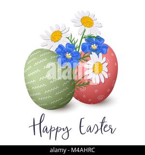 Frohe Ostern. Ostern rot und grün dekoriert Eier mit Daisy oder Kamille Wildflower. Flachs, Forget-me-not blue Bouquet. Vector Illustration. für postc Stock Vektor