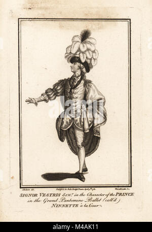 Signor Gaëtans Vestris Älterer in den Charakter der Prinz im Grand pantomime Ballett namens Ninnette a la Cour. Kupferstich von thornthwaite nach einer Illustration von John Roberts, John Bell, britischer Theater, April 9, 1781, London. Stockfoto