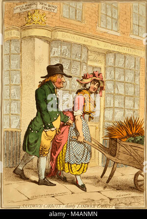 Sandwich-Carrots! - Zierliche Sandwich-Carrots von James Gillray veröffentlicht 1796. Eine vollbusige Mädchen drücken eine schubkarre von Karotten, entlang der Bond Street, über ihre Schulter an einem älteren Mann, der Sohn von John Montagu, 4. Earl of Sandwich, zupfte an ihrer Schürze sucht. Im Hintergrund ist eine Buchhandlung, die die königliche Arme. Im Fenster angezeigt werden Bücher mit dem Titel "Ein Chip der alten Block'; 'Doe Jagd eine Ode von einer alten Buck Hound';" ein, um eine Liste von Knecht Zimmermädchen"; "die Schönheiten der Bond Street" und "eine Reise durch das Leben - von Maddox Street zu Conduit Street & wieder zurück". Stockfoto