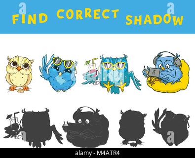 Finden Sie die richtigen Schatten Lernspiel für Kinder mit Eulen. Vektor bunten Aktivität. Stock Vektor