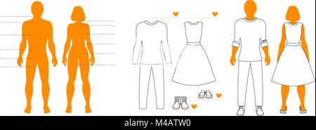 Infografik Vorlage von Mann und Frau Silhouetten mit Zeiger und Kleidung Kontur. Isolierte Layout für Shopping. Stock Vektor
