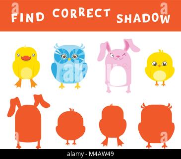 Finden Sie die richtigen Schatten lernen Aktivität für Kinder. Vektor unterhaltung spiel mit Tieren. Stock Vektor