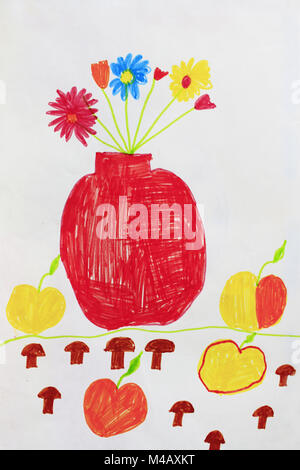Kinder- zeichnung mit Blumenstrauß in Vase und Äpfel Stockfoto