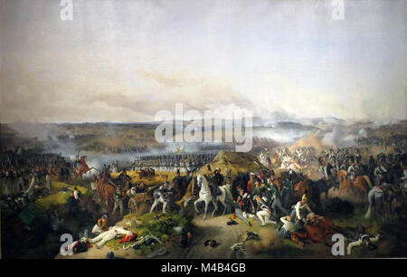 Schlacht von Borodino von Peter von Hess, 1843 gemalt. In der Mitte zeigt es Bagration nach verletzt wird. Die Schlacht von Borodino war ein Kampf am 7. September 1812 in den Napoleonischen Kriegen während der französischen Invasion in Russland kämpfte. Es wurde zwischen den Armeen Napoleons, Mikhail Kutuzov, Pjotr Bagration und Michael Andreas Barclay de Tolly gekämpft. Stockfoto