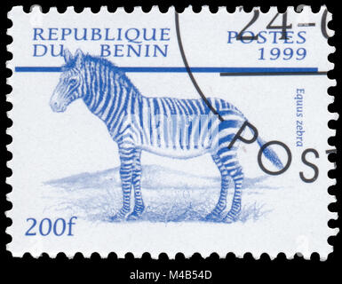 BUDAPEST, Ungarn - 11. Februar 2017; Stempel gedruckt in Benin aus der Ausgabe der "DUGONGS" [SÄUGETIERE' zeigt, Mountain Zebra (Equus Zebra), ca. 1999 Stockfoto