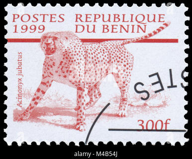 BUDAPEST, Ungarn - 11. Februar 2017; Stempel gedruckt in Benin aus der Ausgabe der "DUGONGS" [SÄUGETIERE' zeigt Geparden (Acinonyx jubatus), ca. 1999 Stockfoto