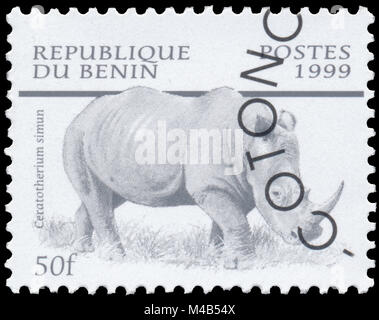 BUDAPEST, Ungarn - 11. Februar 2017; Stempel gedruckt in Benin aus der Ausgabe der "DUGONGS" [SÄUGETIERE" zeigt weiße Nashörner (Rhinocerotidae)), ca. 1999 Stockfoto
