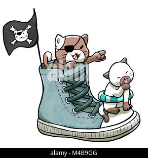 Pirate cats Segeln auf Schuhen (auf weißem Hintergrund) Stockfoto