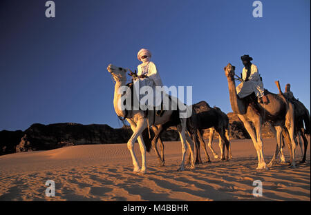 Algerien. In der Nähe von Djanet. Sahara. Männer von Tuareg Stamm und Kamele. Camel Caravan. Nomaden. Camel drivers. Stockfoto