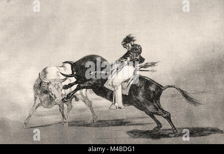 Francisco de Goya y Lucientes - Die gleiche Ceballos, montiert auf einem anderen Stier bricht kurze Speere in den Ring in Madrid, Platte 24 von La Tauromaquia Stockfoto