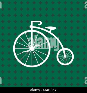 Penny-farthing Symbol weiß auf grünem Hintergrund isoliert. Antike altes Fahrrad mit großen Rädern. Vector Illustration Stock Vektor
