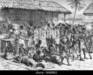 Sklavenhandel oder Sklaverei unter den cafres der Kap-halbinsel in Südafrika (Gravur, 1880) Stockfoto