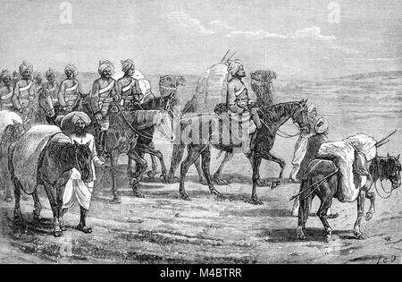 Indische Kavallerie der Britischen Armee während des Zweiten Anglo-Afghan Krieg in Afghanistan (1878-1880) zwischen dem britischen Raj und dem Emirat Afghanistan (Gravur, 1880) Stockfoto