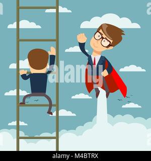 Geschäftsmann Superhelden Fly Pass Geschäftsmann, klettern die Leiter. Stock Vektor
