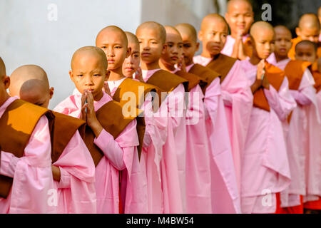 Portraits junger buddhistischer Nonnen, Warteschlangen in einer langen Reihe Spenden in ein Kloster zu erhalten Stockfoto