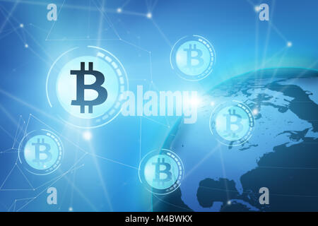 Bitcoiin Zeichen auf blauem virtuellen Bildschirm, blockchain Konzept Stockfoto