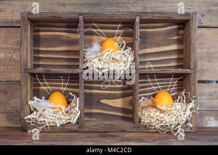 Ostereier mit Hase Ohren und Pfoten in die Nester Stockfoto