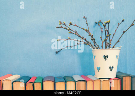 Cherry Zweig mit Knospen auf Bücher blauer Hintergrund Stockfoto