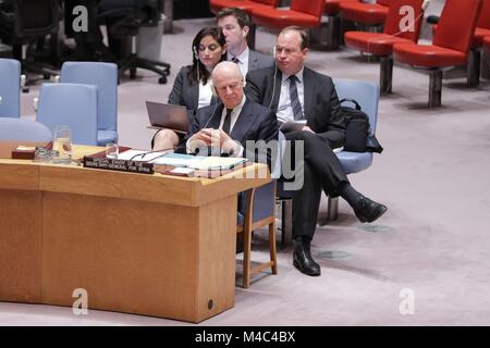 Vereinten Nationen, New York, USA, 14. Februar 2018 - Staffan de Mistura, UN-Sonderbeauftragter für Syrien während der Sicherheitsrat über die Situation in Syrien heute auf das UN-Hauptquartier in New York City. Foto: Luiz Rampelotto/EuropaNewswire Stockfoto