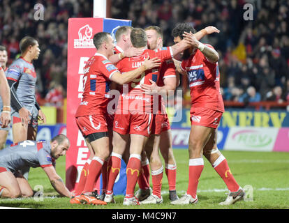 Hull, Großbritannien. 15 Feb, 2018. Rumpf Kr Feiern während der Betfred Super League Spiel zwischen Rumpf Kr und Katalanen Drachen am Donnerstag, den 15. Februar 2018 an der KCOM Craven Park Credit: Aktuelles Bilder/Alamy leben Nachrichten Stockfoto