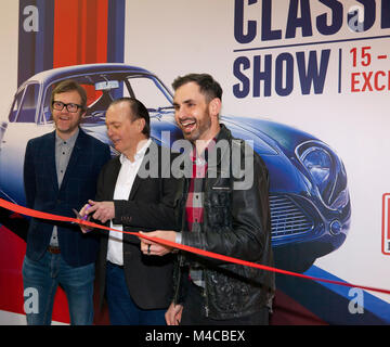 Quentin Willson, Jonny Smith und Alex Riley Eroeffnung des London Classic Car Show am 15. Februar 2018 Stockfoto