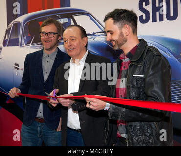 Quentin Willson, Jonny Smith und Alex Riley Eroeffnung des London Classic Car Show am 15. Februar 2018 Stockfoto