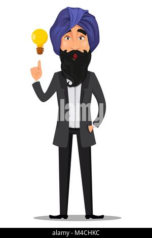 Indische Geschäftsmann cartoon Charakter. Junge gut aussehender Geschäftsmann in Anzug und Turban und Idee - Vektor Stock Vektor