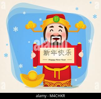 Chinesischen Gott des Reichtums holding Blättern mit Grüßen. Chinesisches Neujahr 2018 Grußkarte. Vector Illustration. Schriftzug übersetzt als ein Frohes Neues Jahr. Stock Vektor