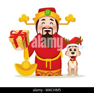 Chinesischen Gott des Reichtums holding Geschenkbox und niedlichen Hund in der Nähe von ihm saß. Chinesisches Neujahr 2018 Grußkarte. Vector Illustration auf weißem Hintergrund. Hi Stock Vektor