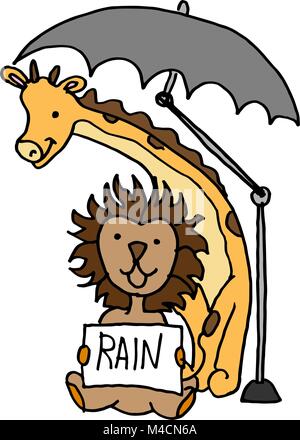 Ein Bild von einem Löwen und Giraffen halten Regen Zeichen unter dem Dach. Stock Vektor