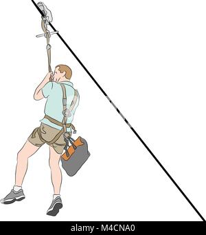 Ein Bild von einem Mann in Shorts reiten auf einem Zip Line. Stock Vektor