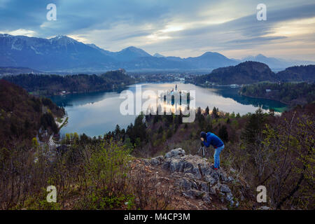 Schöne Panoramasicht auf See von Bled, Slowenien, Europa Stockfoto