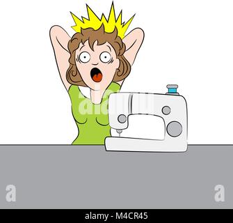 Ein Bild von einer Frau, die versucht, um zu erfahren, wie eine Nähmaschine benutzen aufgebracht ist. Stock Vektor
