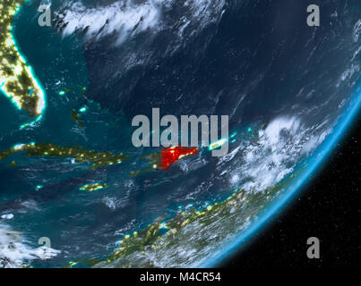 Dominikanische Republik aus dem Orbit des Planeten Erde bei Nacht mit sehr detaillierte Oberflächenstrukturen und Wolken. 3D-Darstellung. Elemente dieses Bild und Stockfoto