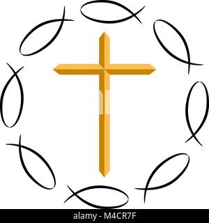 Ein Bild des christlichen Kreuzes von ichthys Symbolen umgeben. Stock Vektor