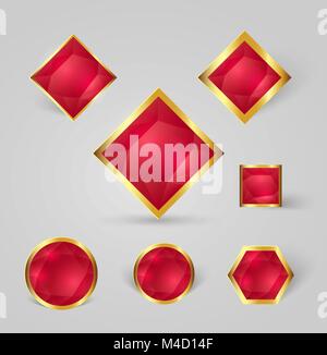 Sammlung der glänzenden gold Abzeichen mit roten kristallen und Schatten Stock Vektor