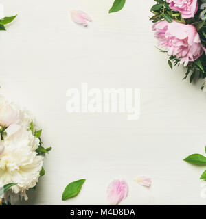 Flachbild-lay Der päonien Blüten mit weißem Hintergrund, kopieren Raum Stockfoto