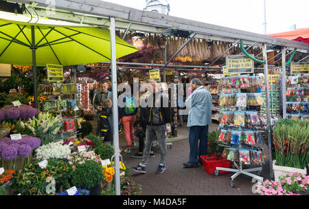 Touristen und Einheimische einkaufen Der berühmte Blumenmarkt in Amsterdam, Niederlande für Blumen und Souvenirs. Überdachte Blume abgewürgt. Stockfoto