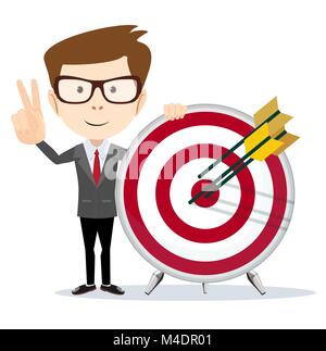 Business Mann hält eine Dartscheibe mit einem direkten Treffer auf Ziel. Stock Vektor