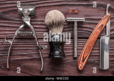 Vintage Barber Shop Tools auf Holz- Hintergrund Stockfoto