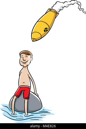 Einem ahnungslosen Cartoon man genießt das Leben als nukleare Rakete Geschwindigkeit auf ihn zu. Stock Vektor