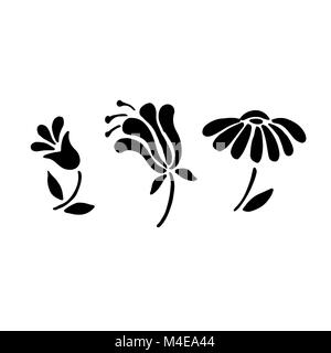 Schwarze blumen Icon Set. Einfache Blüte Collection. Vector Illustration. Stock Vektor