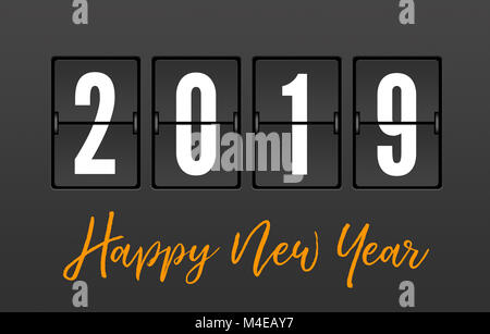 2019 Jahr auf der Split-Flap Display mit Frohes Neues Jahr Nachricht Stockfoto